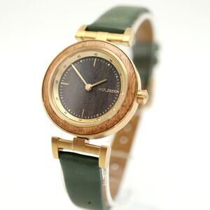 Holzkern Amelia Womens Marble Wood Maple 28mm Watch Green Leather w New Battery